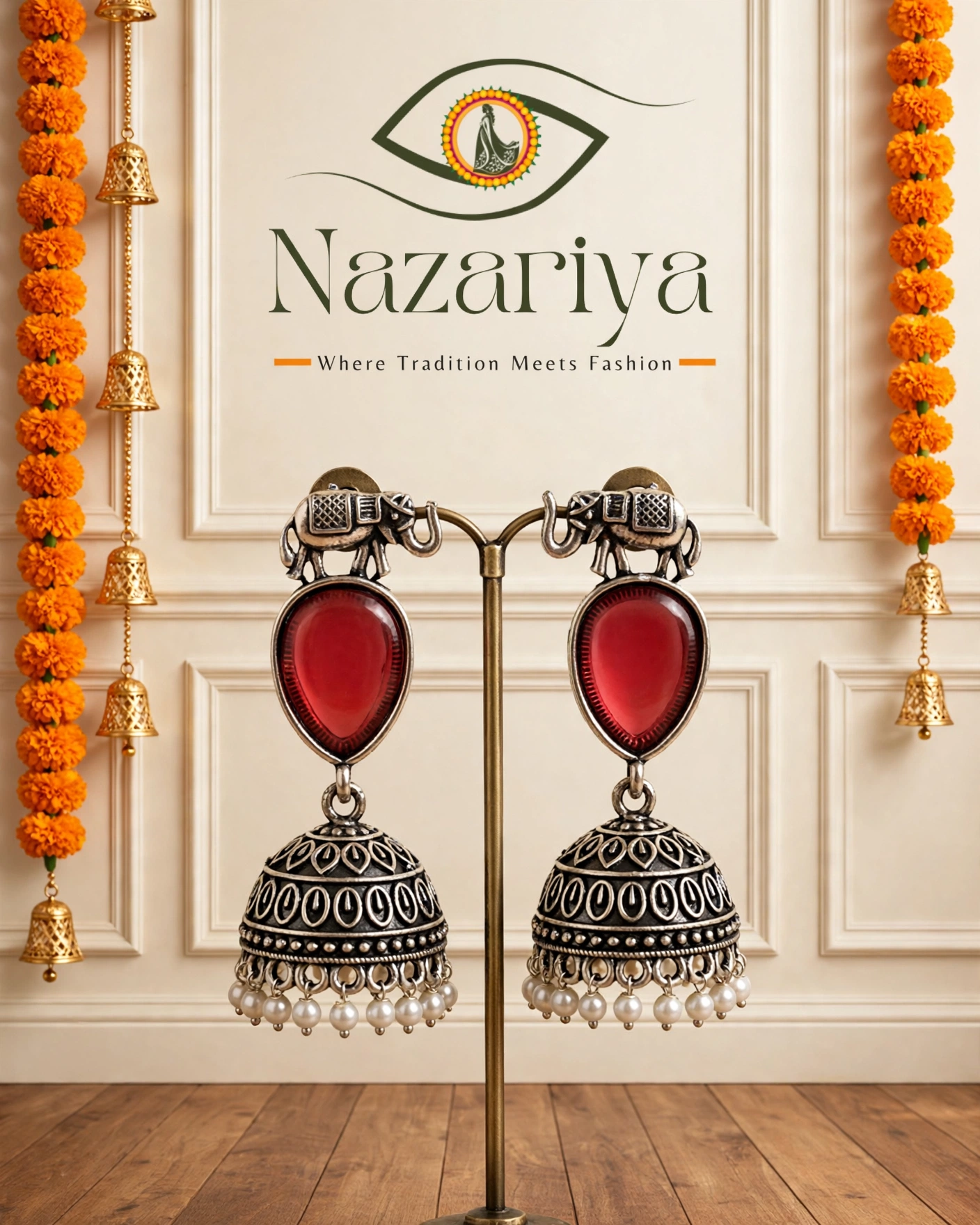 Elephant Top Red Stone Jhumkas — Indian ethnic wear Brampton