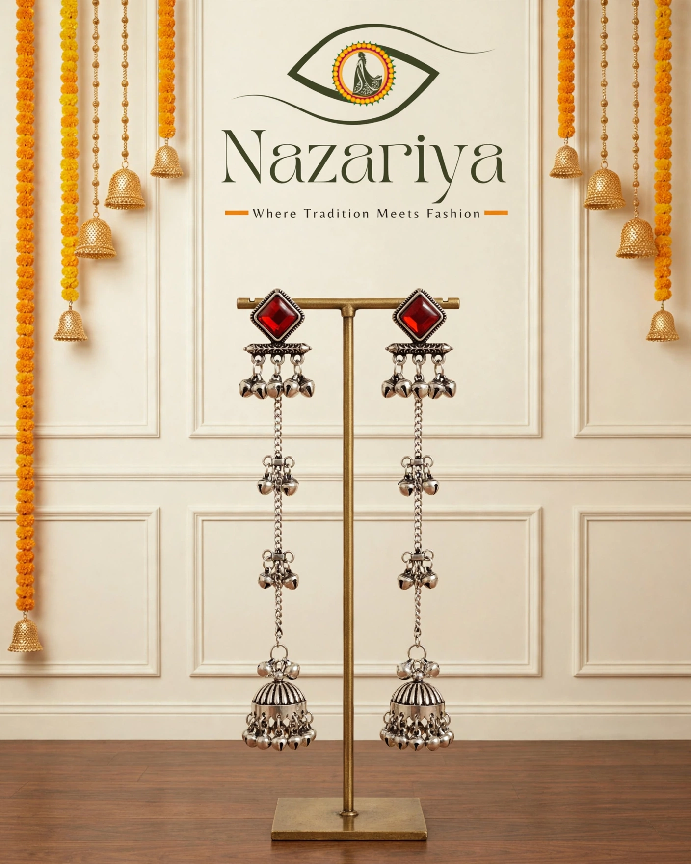 Red Stone Long Chain Jhumkas — Indian ethnic wear Brampton
